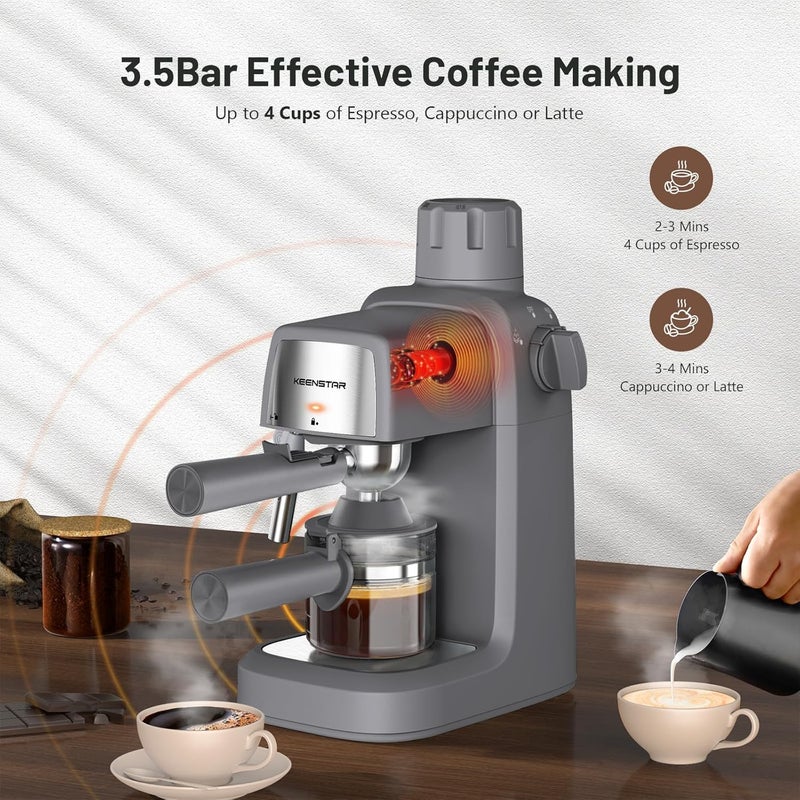 KEENSTAR 3.5Bar Espresso Machine with Milk Frother, 800W Compact Espresso and Cappuccino Machine with Preheating Function, 4 Cup Espresso Maker for Cappuccino or Latte, Gift for Coffee Lover - Image 2